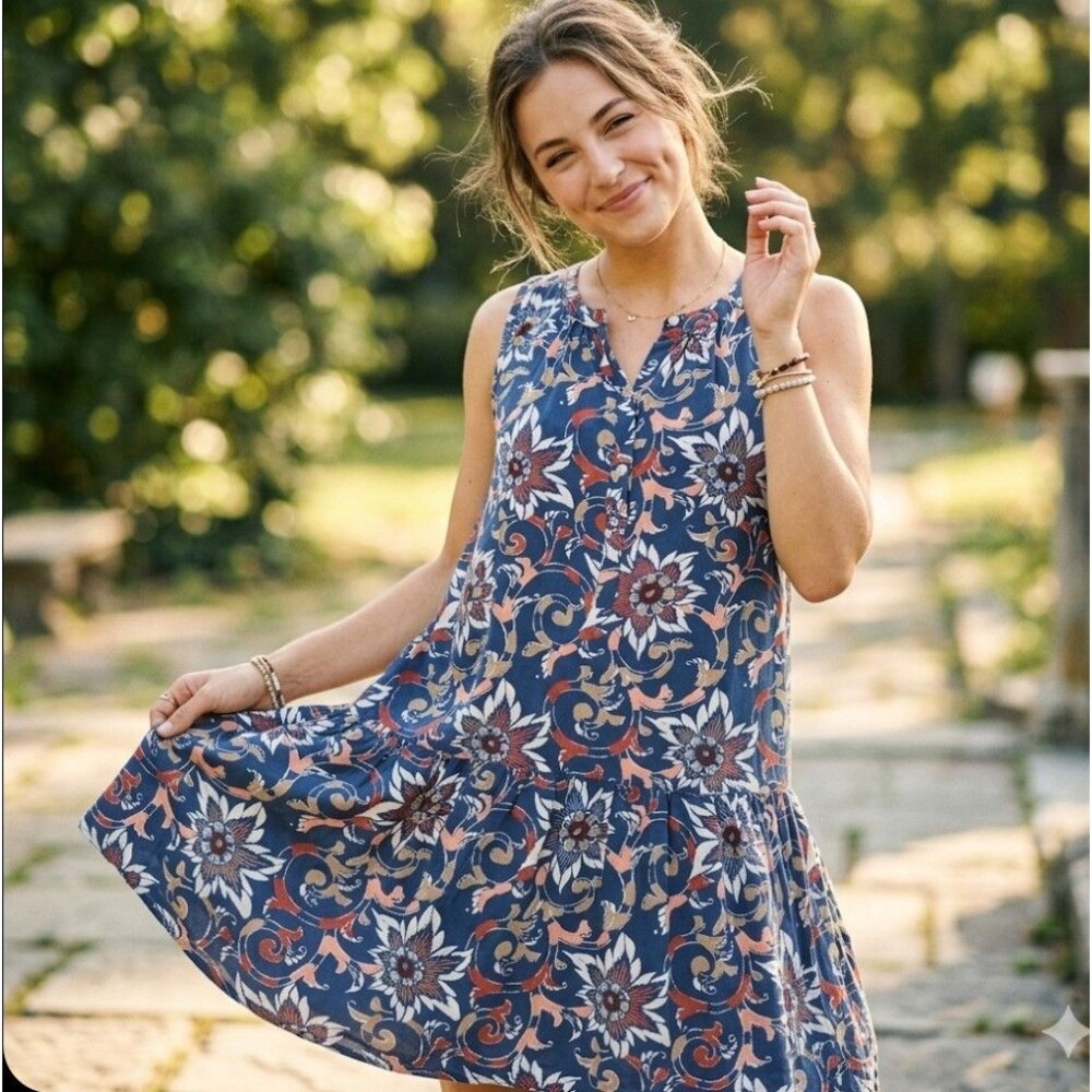 LOFT Size XL Floral Drop Waist Dress Blue Orange Boho Sleeveless Rayon Ruffle